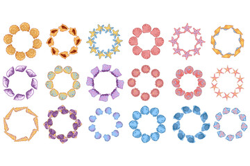 Set of decorative sea shell and starfish wreaths, marine summer frames collection