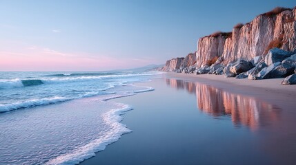Coastal Cliffs Reflecting Sunlight on Sandy Beach Under Pale Blue Sky Coastal Landscape with Waves and Rocky Formations at Sunset or Sunrise