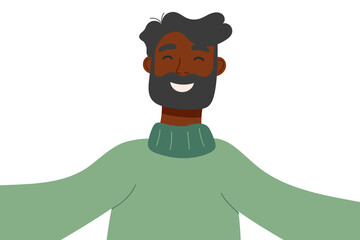 Concept of selfie on smartphone camera. Taking a photo by a phone camera. Man holding smartphone and taking a photo. Vector hand drawn clipart isolated on white.