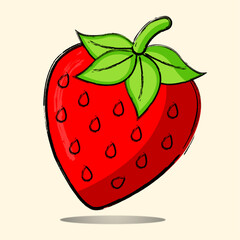 Obraz premium Juicy strawberry illustration with seeds, glossy red fruit and green leaf, organic healthy food cartoon vector drawing