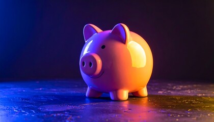 A vibrant, pink piggy bank sits on a dark surface, highlighted by contrasting, cool and warm colors.
