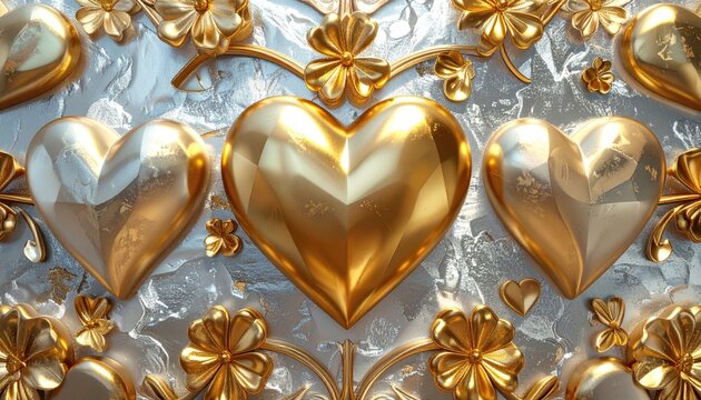 Shimmering Golden Hearts and Ornate Floral Elements on Textured Silver Background
