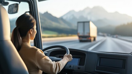 Asian woman truck driver navigates scenic mountain highway during early morning journey showcasing professional logistics industry and empowering female career path. Concept of happy work and career.