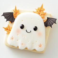 Adorable ghost sugar cookie decorated with fall leaves and kawaii details
Ideal for holiday promotions, kids’ parties, or recipe blogs