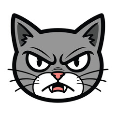 Grumpy Cartoon Cat: A close-up cartoon image of an angry grey cat with an expression of annoyance or irritation, showcasing its fangs and piercing stare, with its ears and whiskers clearly visible.