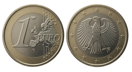 The 1 Euro coin shows Europe’s map and a German eagle symbol.