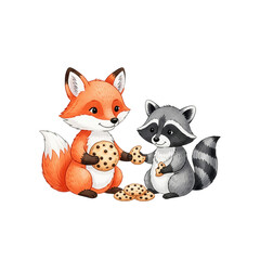 Obraz premium A fun cartoon illustration of a fox and raccoon sharing cookies,