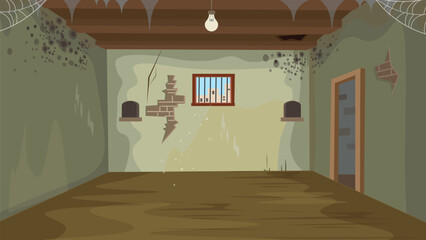 Poor house. Slums. Very dark room with mold on the walls. Village room interior with bed. table and wardrobe