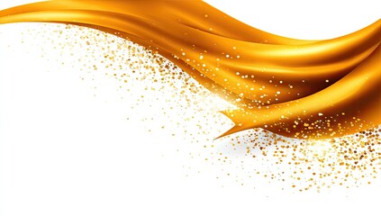 Gold fabric drapes, swirling, with scattered glitter on white background