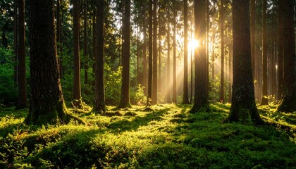 Sunlight streams through forest canopy