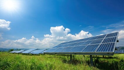Sunny field of solar panels, blue sky