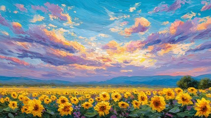 Fototapeta premium Colorful sunflower field with a radiant sky, thick oil textures, warm sunlight 