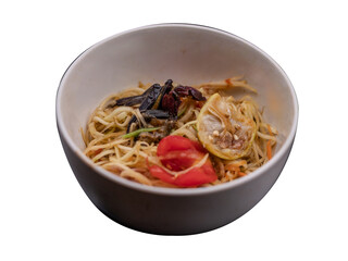Spicy Thai papaya salad with fermented fish and crab, authentic street food, flavorful, sour, salty, spicy.