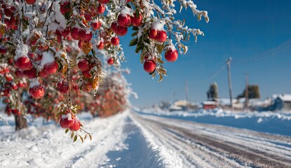 Snow-covered apple orchard road