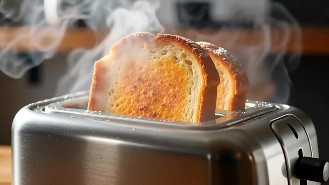 Hot, steaming toast popping up from a chrome toaster for a perfect breakfast.