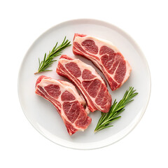Fototapeta premium Three raw lamb ribs with rosemary on a white plate against black meat food