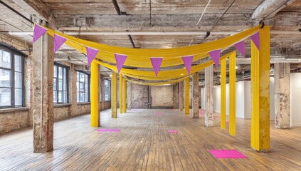 Industrial space adorned with vibrant yellow and purple banners