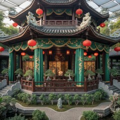 Fototapeta premium Imperial Jade PavilionEmerald silks dragon carvings lacquer scre