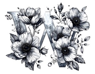 Monogrammed letter 'W' adorned with delicate floral illustrations