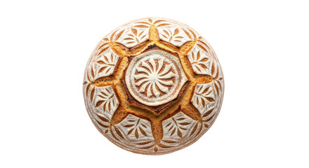 Isolated sourdough bread loaf, artisan round loaf, creative scoring design, fresh baked