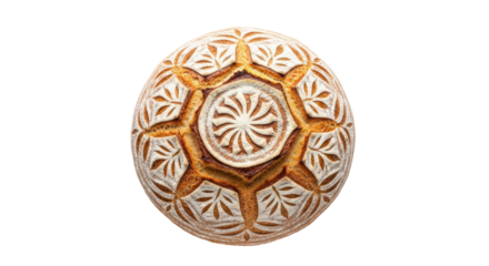 Isolated sourdough bread loaf, artisan round loaf, creative scoring design, fresh baked
