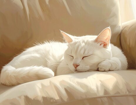 A white cat naps on a light beige couch in sunlit room
