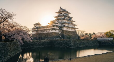 Himeji Castle at Sunset with Cherry Blossoms in Spring, Japan Majestic Scenery