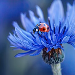 A vibrant ladybug perched delicately on a cornflower petal in a blue dreamlike garden