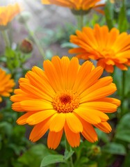 Close-up view of a vibrant orange marigold flower, showcasing intricate details of its petals and central disc.  A soft, natural light bathes the flower, creating a warm and inviting atmosphere.