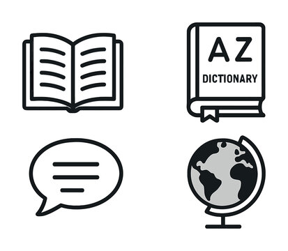 Open book and dictionary with speech bubble and globe icons illustrating language learning