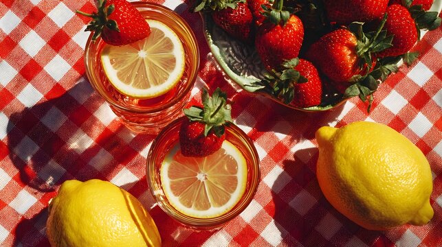 summer wallpaper, strawberries, lemonade and sunshine top view