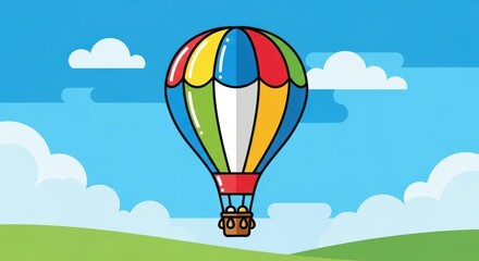 Fototapeta premium Cartoon style hot air balloon against a blue sky background with fluffy clouds and green hills