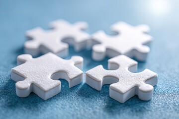 Close-up of four white puzzle pieces on a light blue surface