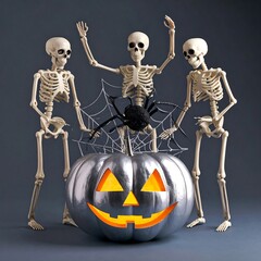 Three skeletons surrounding a silver jack-o'-lantern