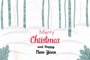 Winter forest textured. Abstract panorama of forest glade with fir trees, bushes and tree trunks. Textured background.