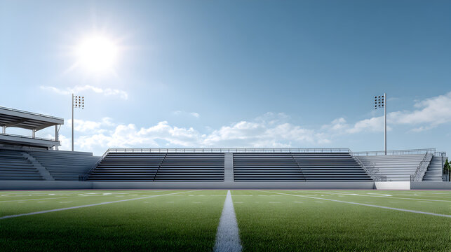 Football stadium with empty bleachers under bright sunlight, showcasing green turf and clear blue sky, creating an inviting atmosphere for sports events and gatherings