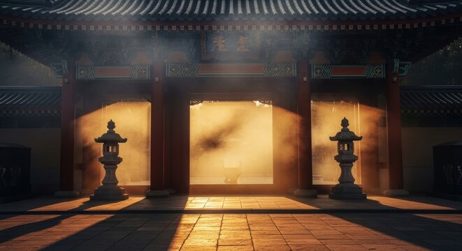 Mystical entrance to an ancient chinese temple bathed in golden sunlight and subtle smoke effect - Powered by Adobe