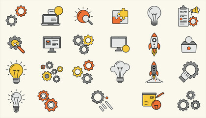 Creative ideas and business innovation vector icons for startup, project management, and technology solutions, modern digital illustration with SEO