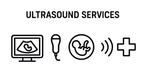 Ultrasound services icon set with baby fetus and medical symbols