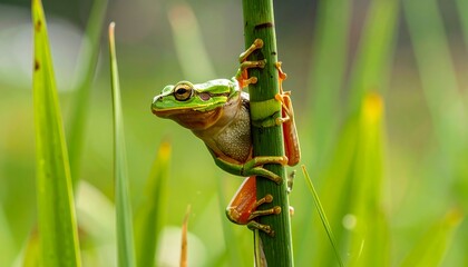 Close-up of a vibrant green frog on a reed