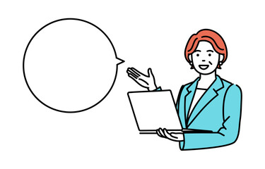 Simple illustration of an adult businesswoman holding a laptop computer and explaining it (with a speech bubble)