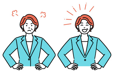 Simple illustration set of an adult businesswoman with her hands on her hips, angry or laughing.