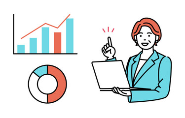 Simple illustration of an adult businesswoman holding a laptop computer and explaining