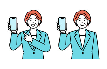 Simple illustration set of an adult businesswoman showing a smartphone screen