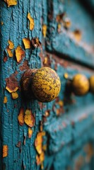 Peeling teal wood door, yellow knobs