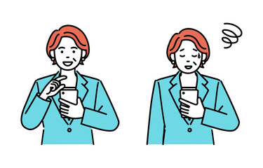 Simple illustration set of an adult businesswoman operating a smartphone
