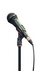 Close-up of a microphone on a stand.  Dark, stylized graphic
