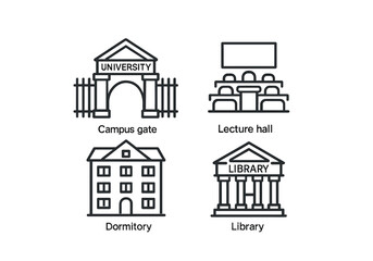 University campus illustrations: gate, lecture hall, dormitory, library icons