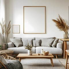 Elegant boho open concept interior in a cozy apartment with layered rugs, wooden accents, and handmade accessories, modern living room with sofa