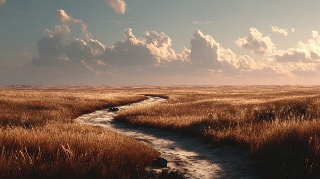 Serene sunset over a meandering path through a golden, grassy plain under a partly cloudy sky